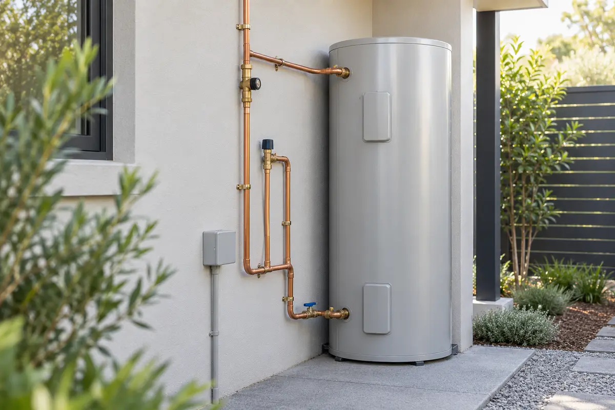 Modern residential hot water system with neat copper pipework
